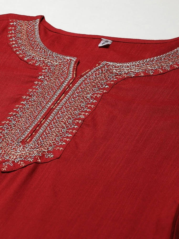 Yufta Women Maroon Ethnic Motifs Yoke Design Regular Thread Work Kurta with Palazzo & With Dupatta