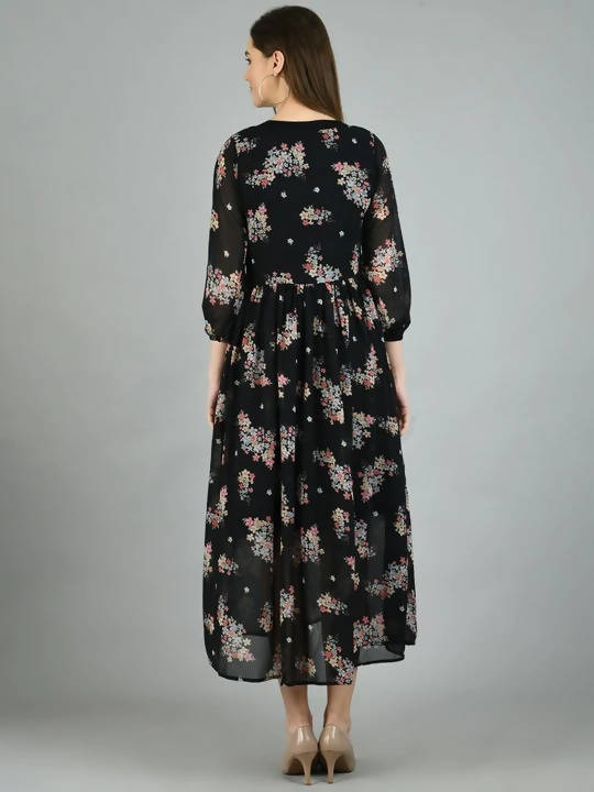 Myshka Women's Black Georgette Printed 3/4 Sleeve Round Neck Casual Dress - Distacart