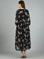 Myshka Women's Black Georgette Printed 3/4 Sleeve Round Neck Casual Dress - Distacart