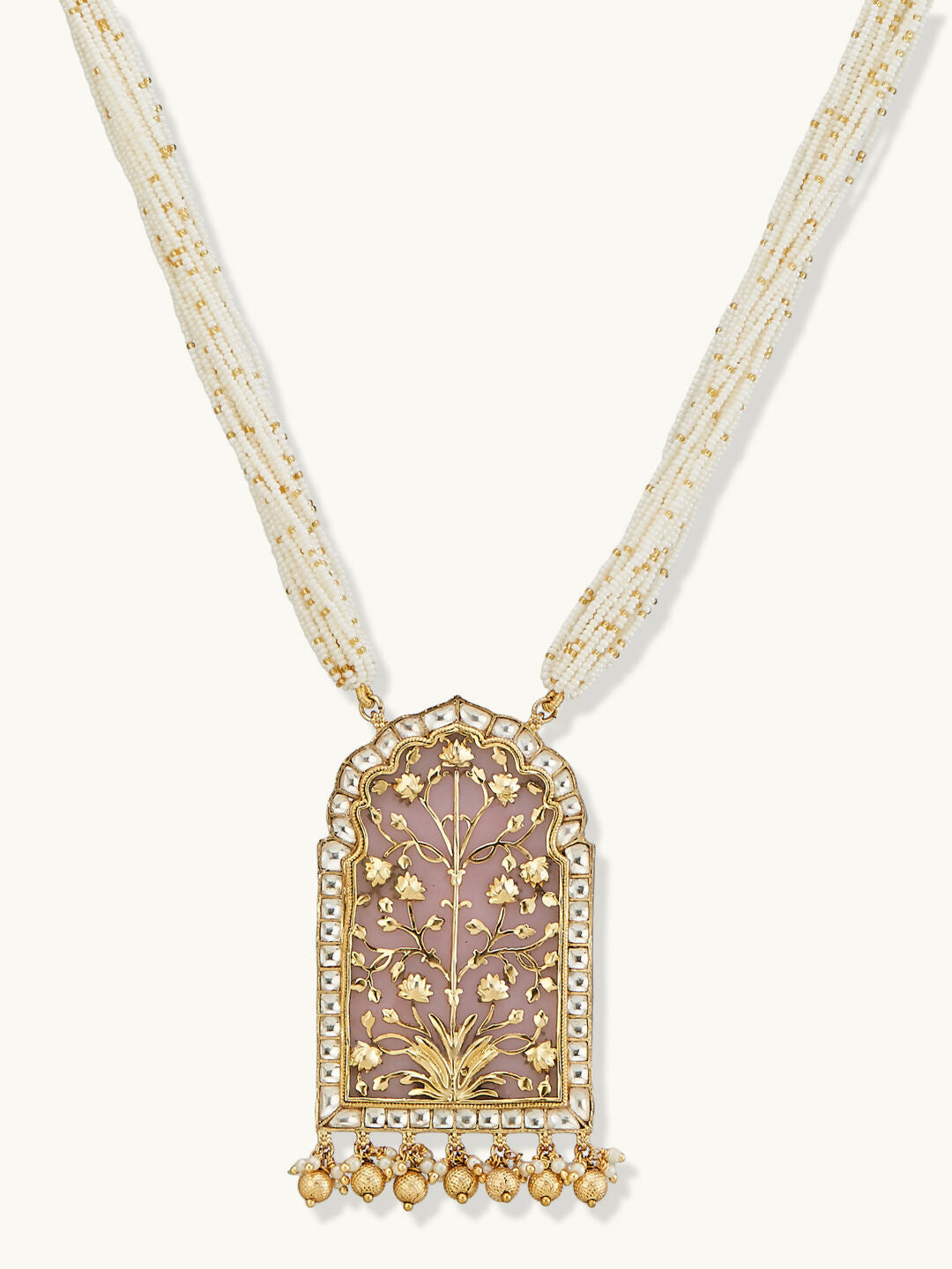 Nuyug 22K Gold-Plated Pearl Beaded Strings Floral Motifs Enamel Pendant Necklace Set