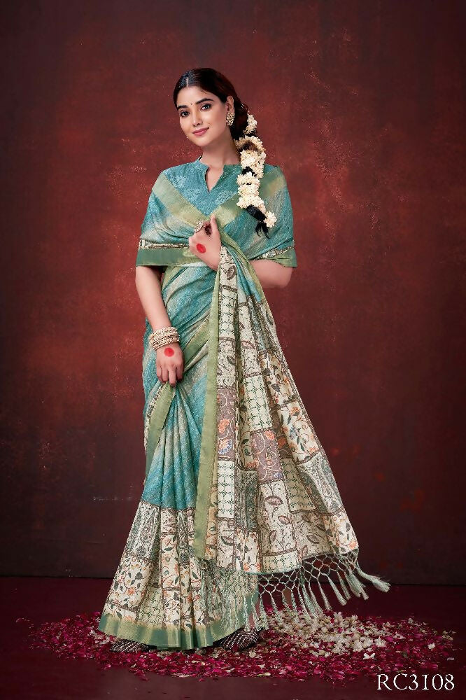Sky Blue Poly Habotai Silk Foil Print Saree with Unstitched Blouse - Kathari