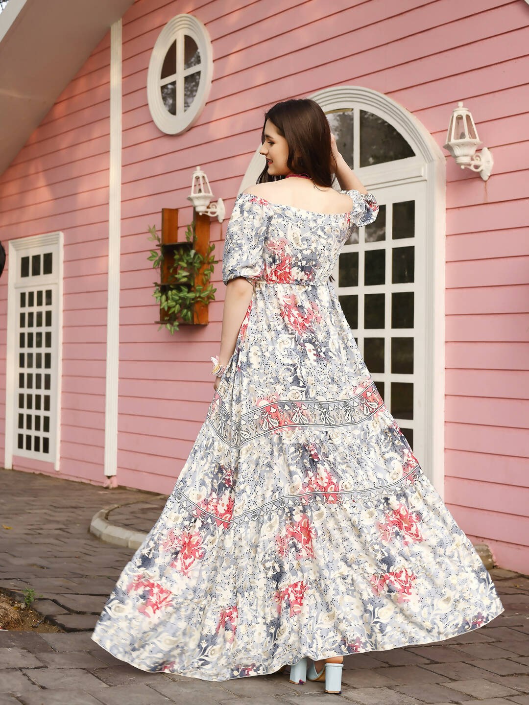 Grey Crepe Foil Printed Long Dress - Michan - Distacart