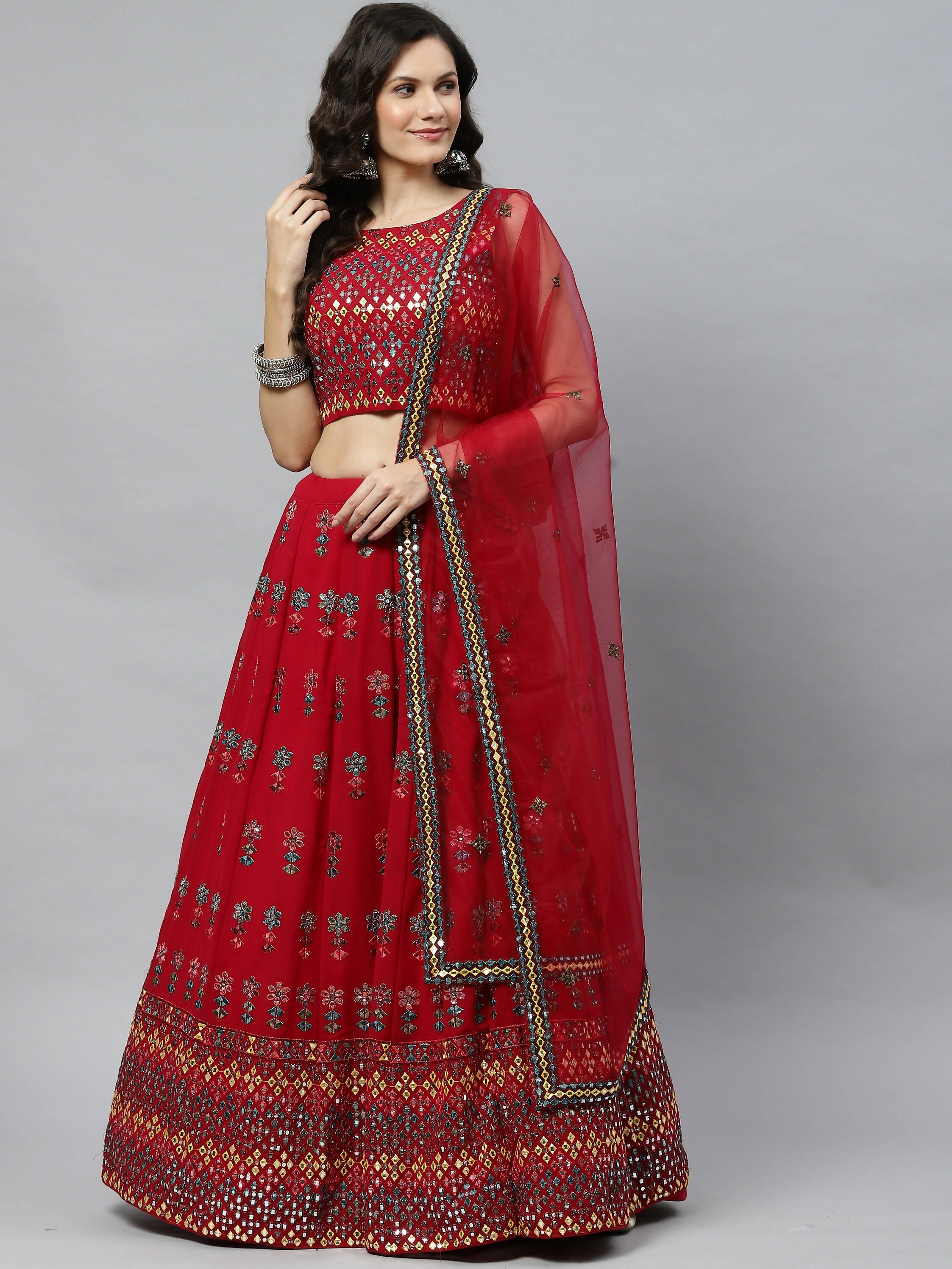 Deep Pink Georgette Heavy Embroidery mirror Work Lehenga Choli with Dupatta - Jivika