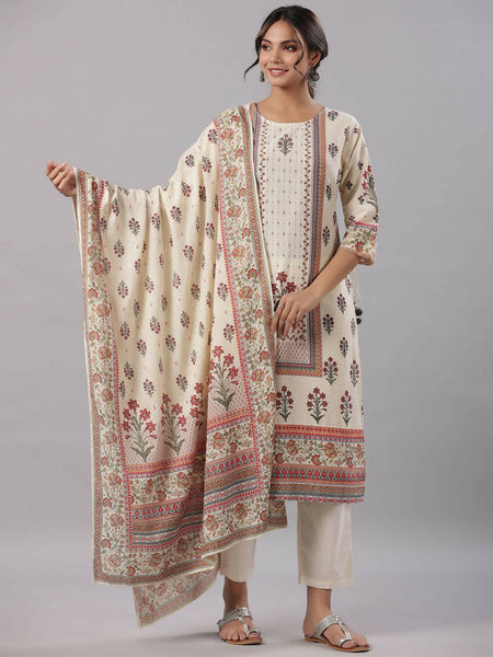Juniper Women's Beige Cambric Floral Placement Printed Straight Fit Kurta Sets
