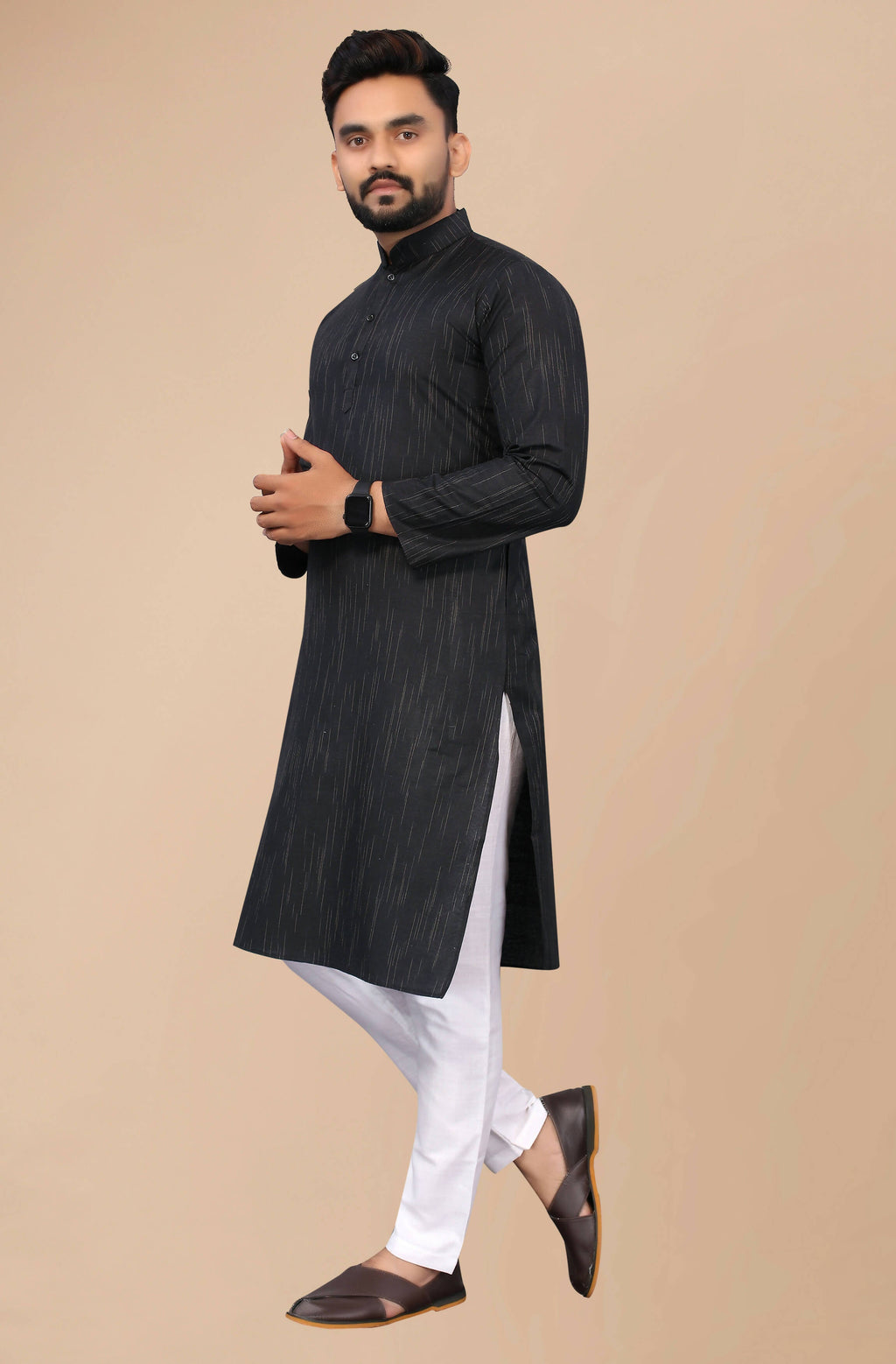Indian Clothing Men's Black Striped Cotton Kurta - Mahotsav