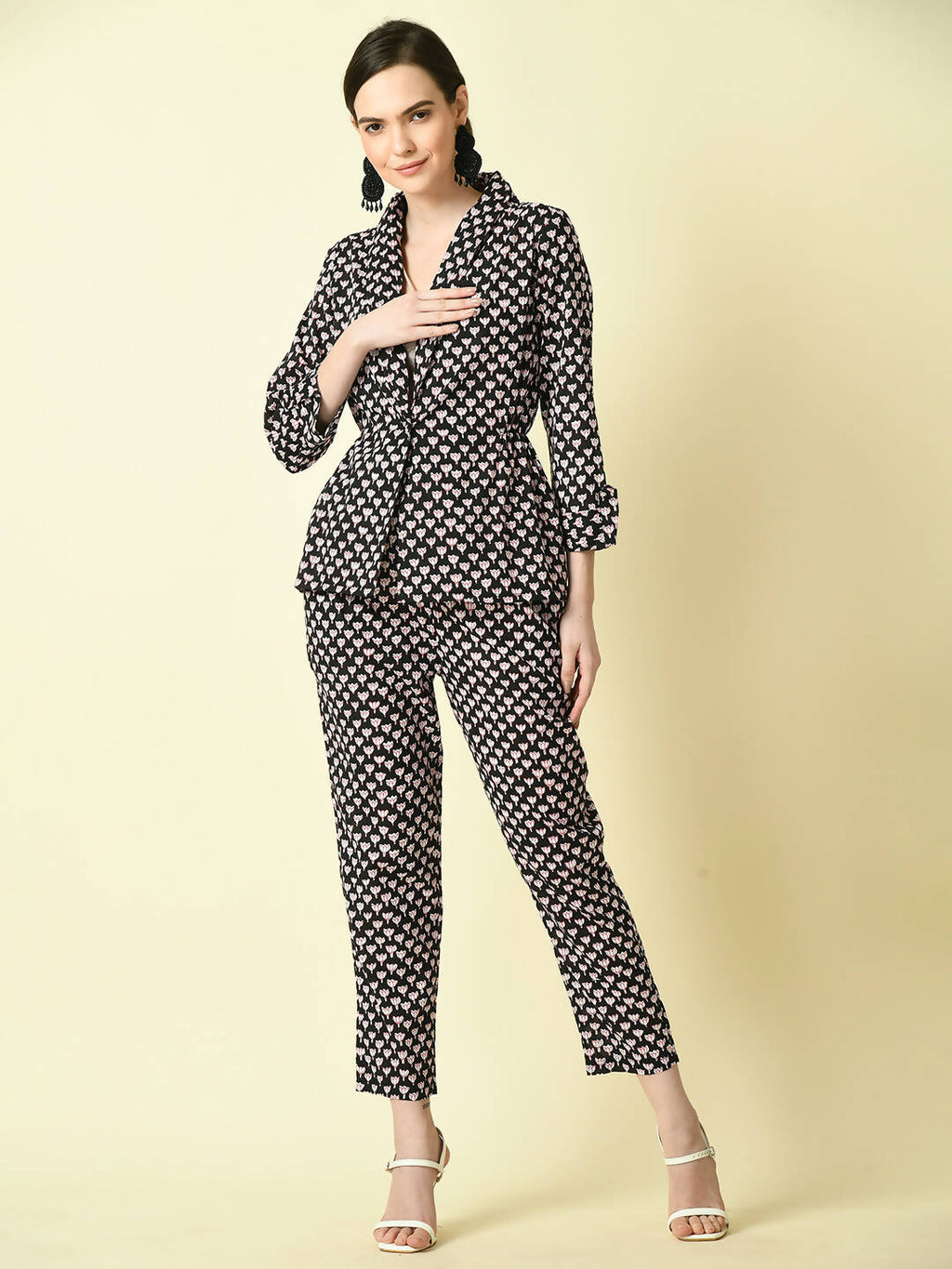 Myshka Women's Black Shawl Neck Coat With Trousers