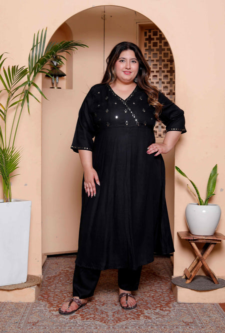 Miravan Womens Plus Size Black Mirror work Angrakha Kurta and Palazzo Set