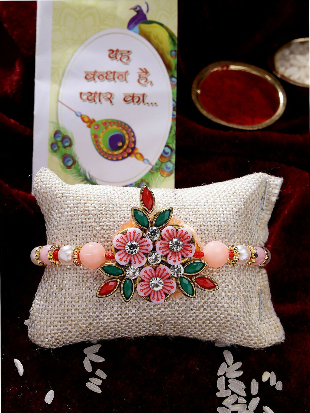 NVR Men Pink Floral Shape Stone-Studdded & Beaded Rakhi With Roli Chawal - Distacart