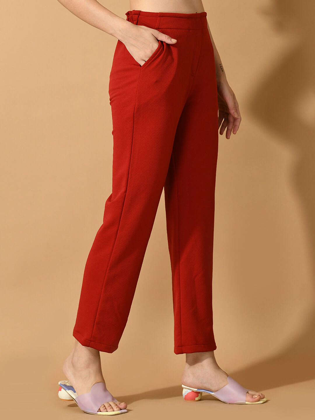 Myshka Women's Red Straight Fit Party Trouser