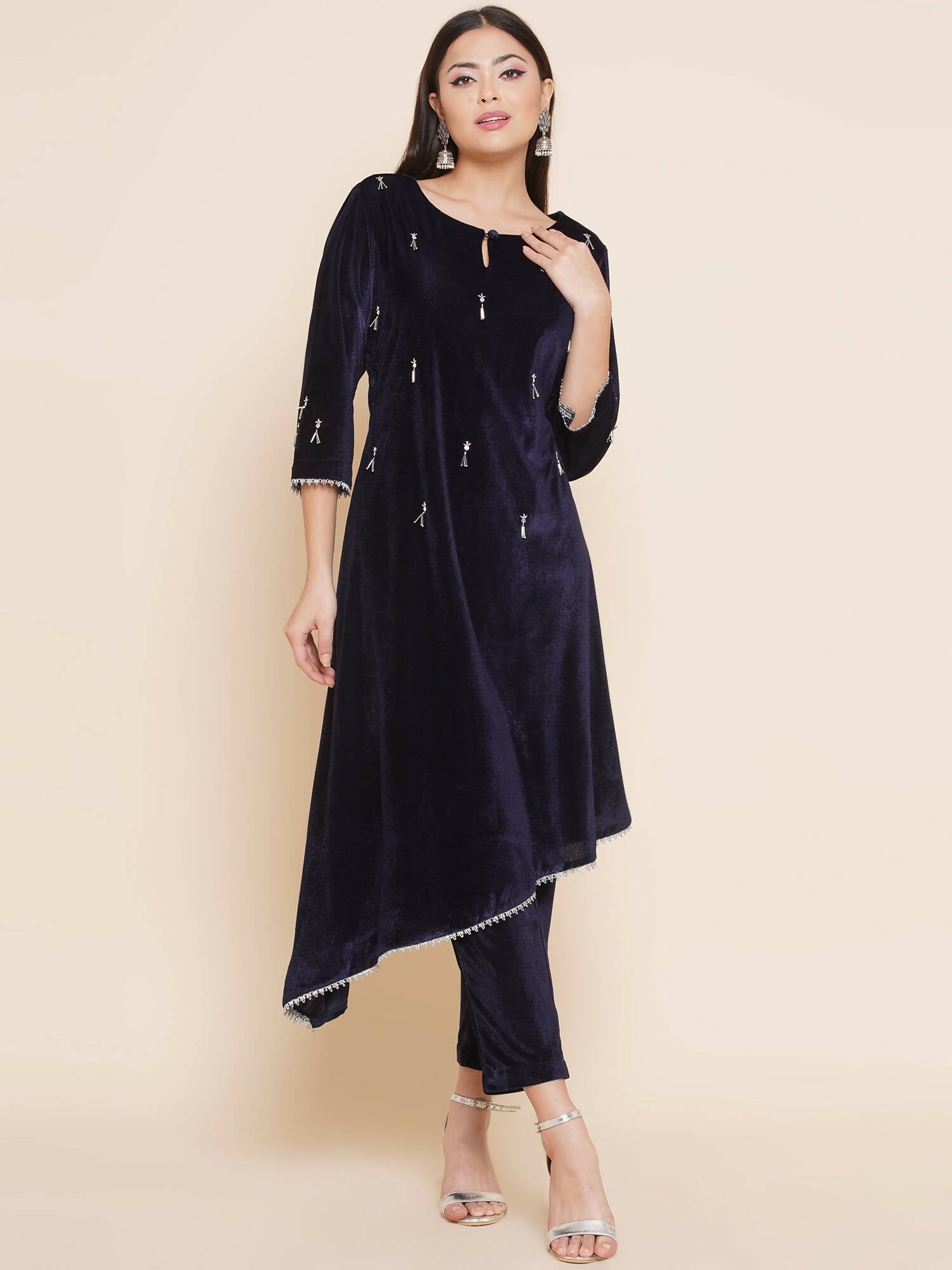 Women Republic Navy Blue Velvet Assymetrical Hand Embellished Kurta With Pants - Distacart