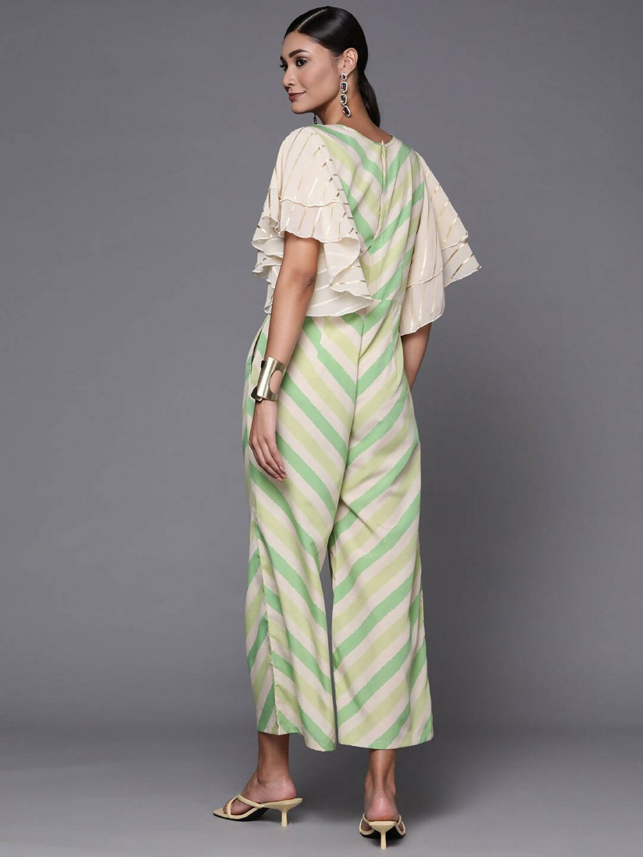 Ahalyaa Off White & Green Zig Zag Print Basic Jumpsuit - Distacart
