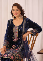 Joban Fashion Blue Velvet Embroidery Sequence Work Readymade Kurta Set - Distacart