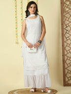 Myshka Women's White Georgette Kurta & Skirt With Dupatta Party Sets