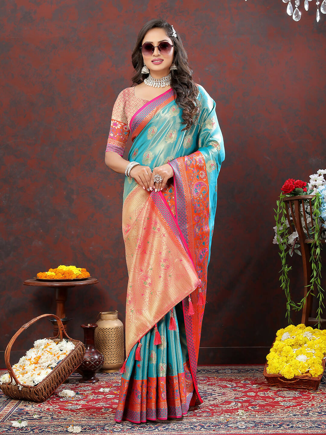 Lorenvalley Fashion Skyblue Kanjivaram Silk Woven Design with Zari Weaving Saree