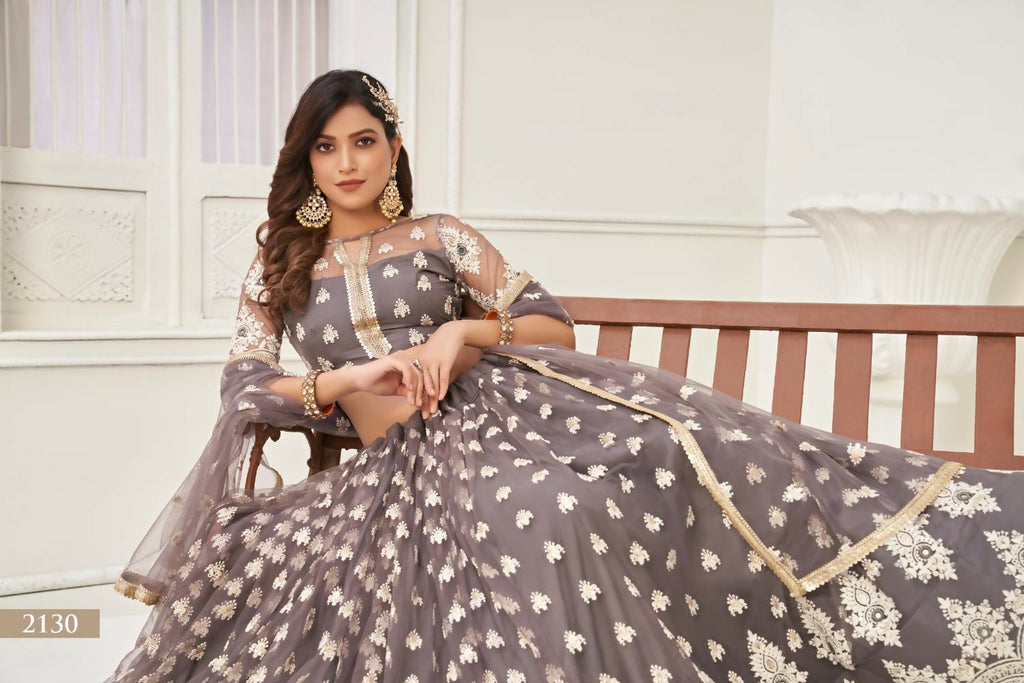 Aastha Fashion Space Gray Butterfly Net White Cotton Thread Work And Sequence Work Embroidery Wedding Wear Lehenga Choli