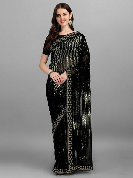 Vegaa Fashion Black Georgette Embroidered Party Wear Saree
