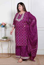 Miravan Plus Size Magenta Embroidered Cotton Kurta With Palazzo And Dupatta - Distacart