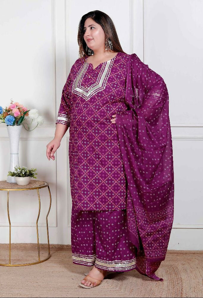 Miravan Plus Size Magenta Embroidered Cotton Kurta With Palazzo And Dupatta - Distacart