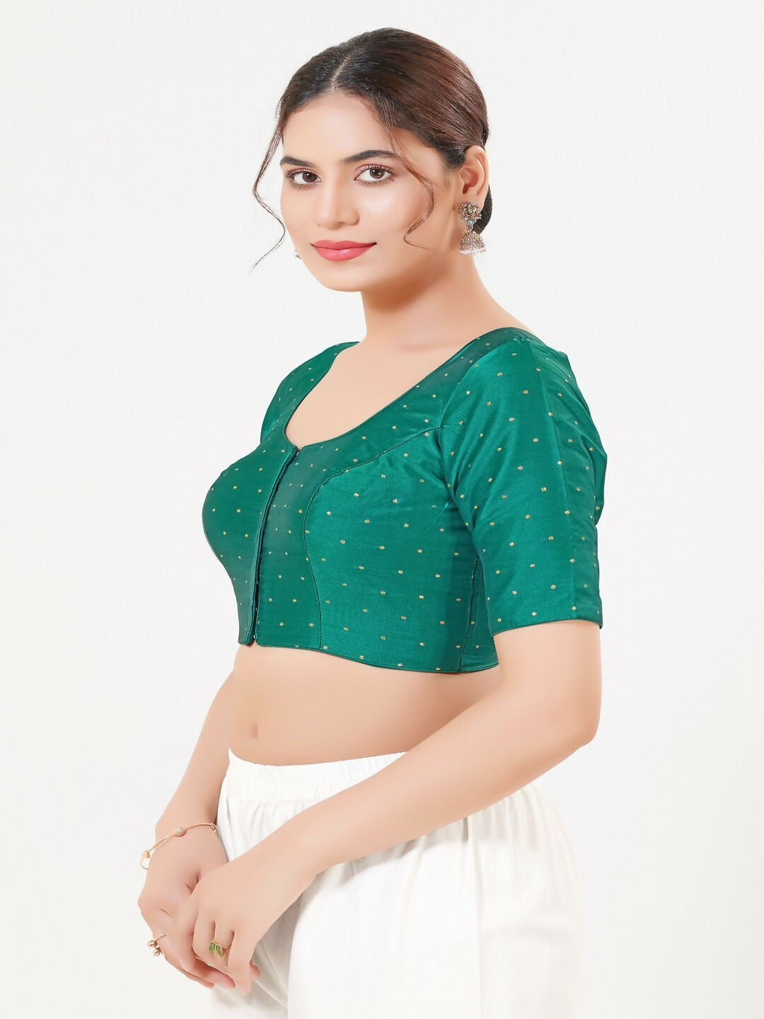 Joban Fashion D.Rama-Green Taffeta Silk Elbow Sleeveless Front Open Blouse