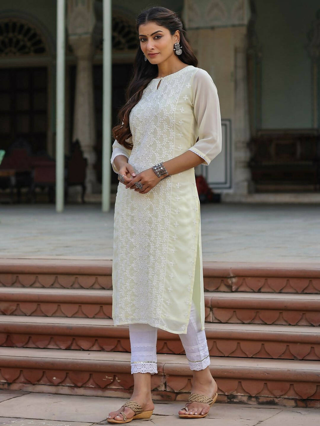 Juniper Women's Lemon Georgette Printed Kurta - Distacart