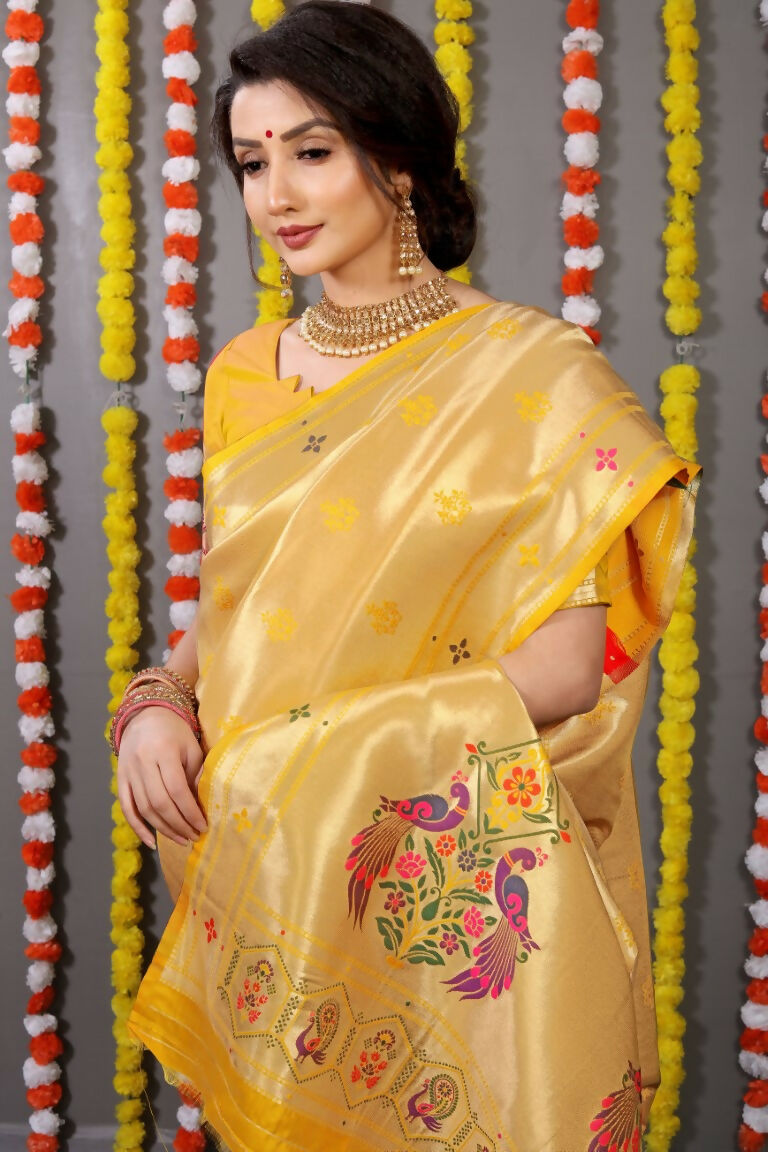 Jyoti Fashion Women's Yellow Paithani Silk Zari Woven Saree with Blouse