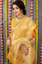 Jyoti Fashion Women's Yellow Paithani Silk Zari Woven Saree with Blouse