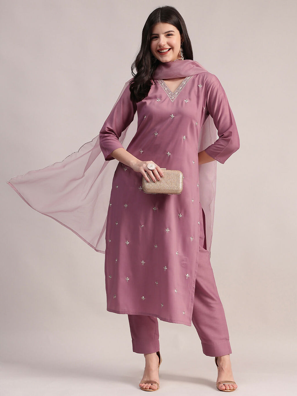 Aavyora Women Lavender Embroidered Chinon Kurta with Straight Pants & Organza Dupatta Set