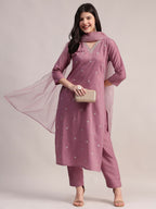 Aavyora Women Lavender Embroidered Chinon Kurta with Straight Pants & Organza Dupatta Set