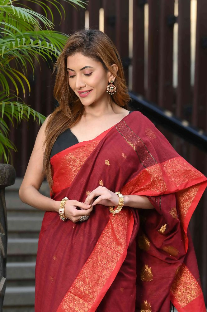 Beatitude Red Cotton Banarasi Saree