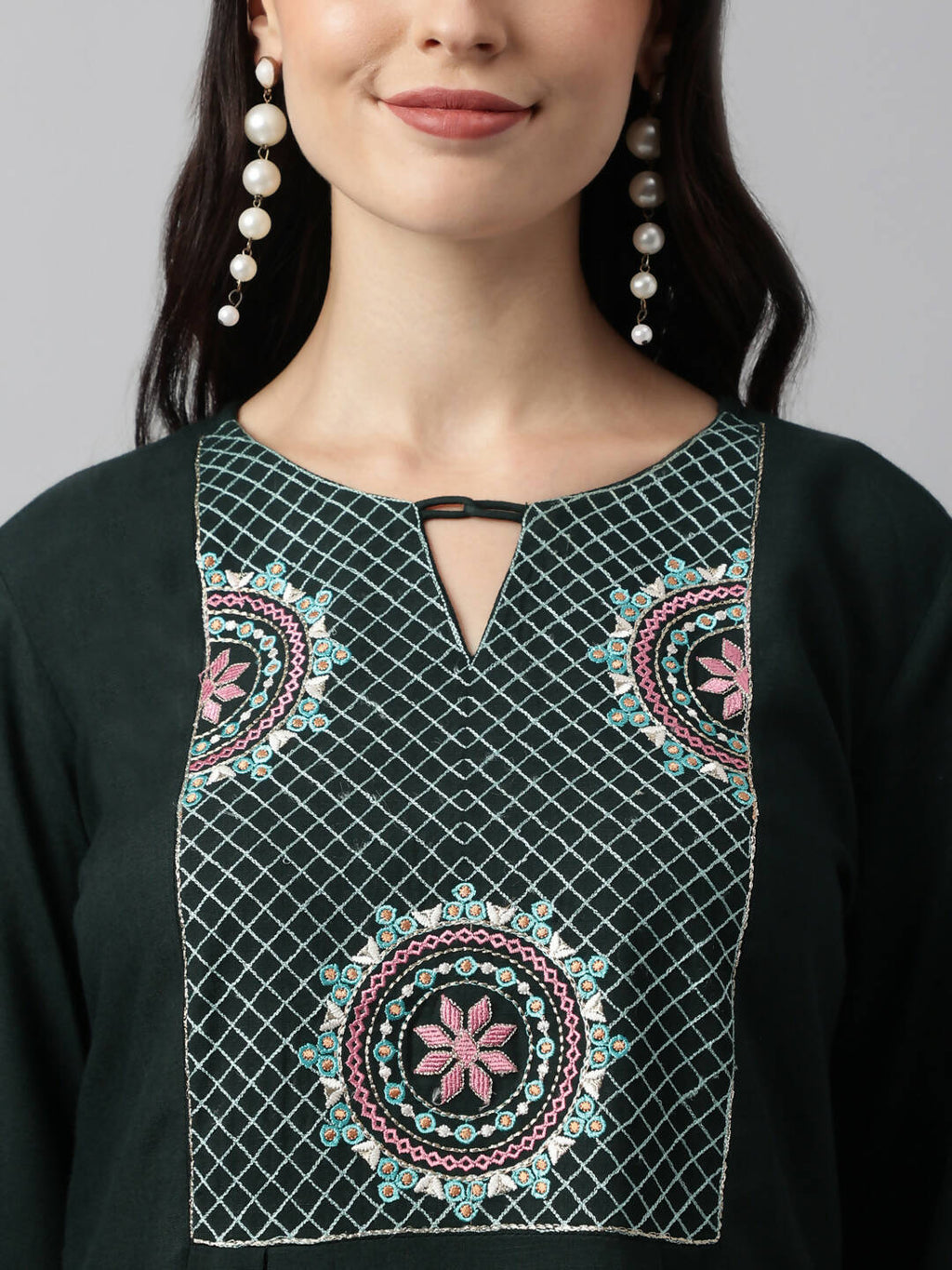 Green Rayon Yoke Embroidered A-line Top - Tarini