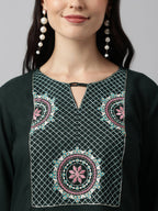 Green Rayon Yoke Embroidered A-line Top - Tarini