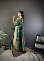 Joban Fashion Banarasi Dark Green Woven Soft Silk Saree - Distacart