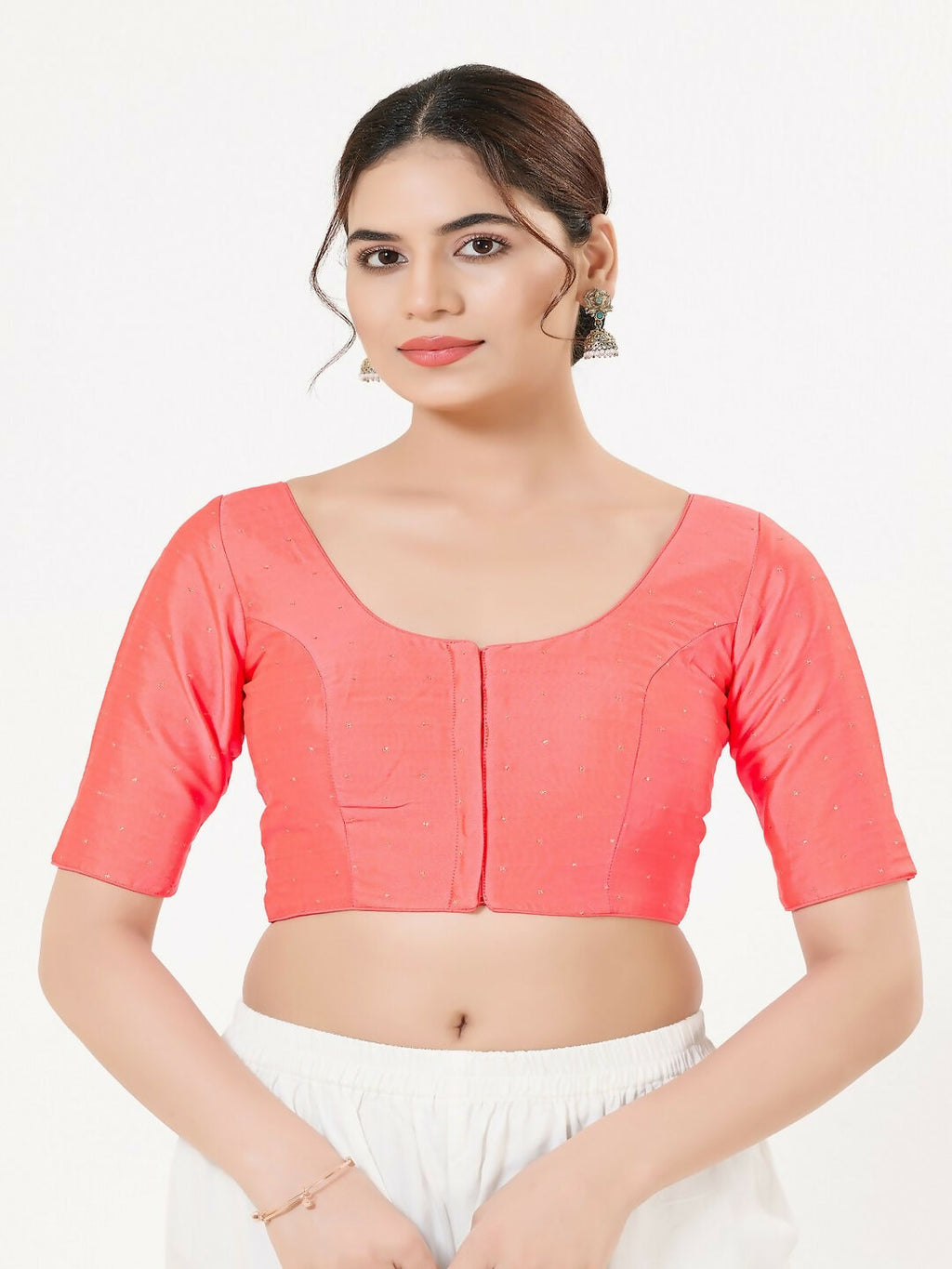 Joban Fashion Fuschia-Pink Taffeta Silk Elbow Sleeveless Front Open Blouse