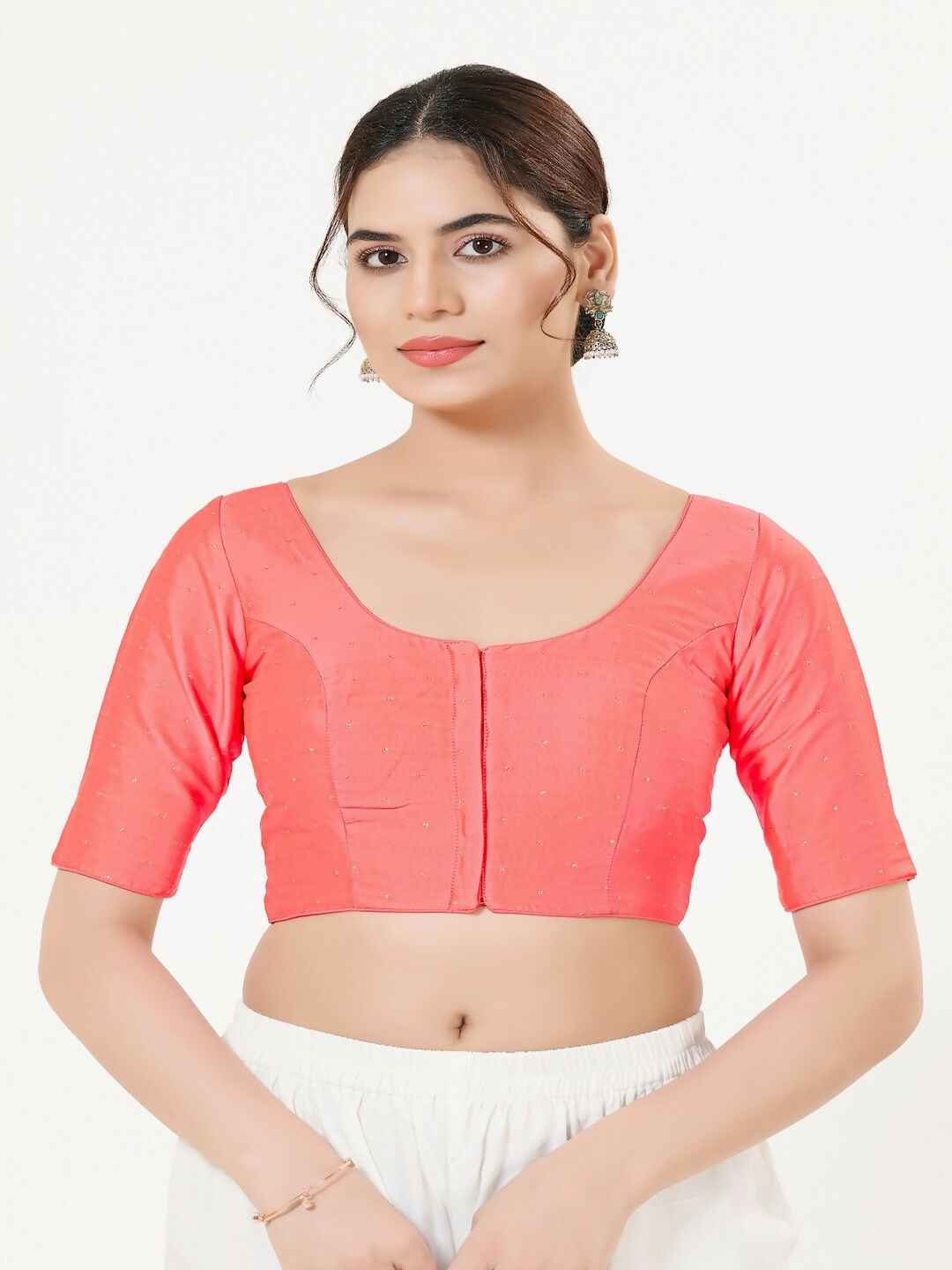 Joban Fashion Fuschia-Pink Taffeta Silk Elbow Sleeveless Front Open Blouse
