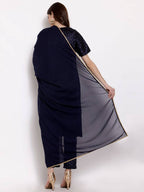 Myshka Women's Dark Blue Silk Blend Half Sleeve Round Neck Printed Casual Kurta Pant Dupatta Set