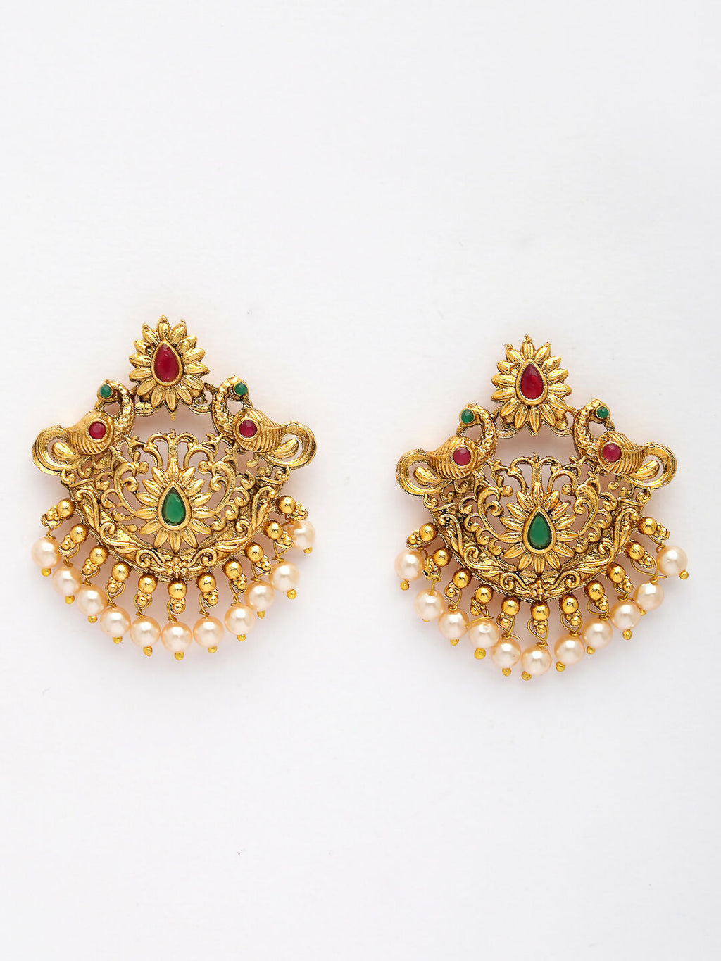 NVR Women's Set of 2 Gold-Polished Green & Pink Stone Studded Peacock Design Temple Jewellery Set