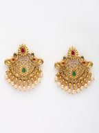 NVR Women's Set of 2 Gold-Polished Green & Pink Stone Studded Peacock Design Temple Jewellery Set