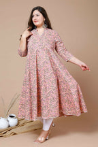 Miravan Women's Orange Plus Size Cotton Floral Printed Anarkali Kurta