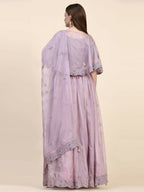 Purple Silk Embroidered Poncho Pattern Top & Lehenga with Dupatta - Tanya