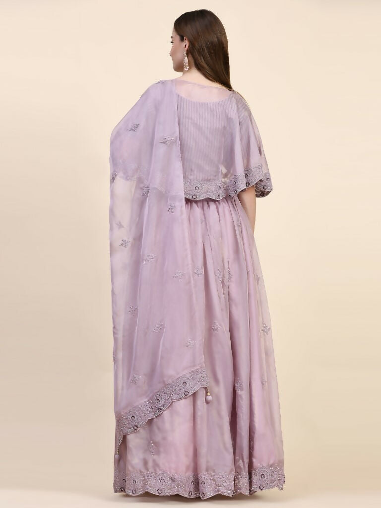 Purple Silk Embroidered Poncho Pattern Top & Lehenga with Dupatta - Tanya