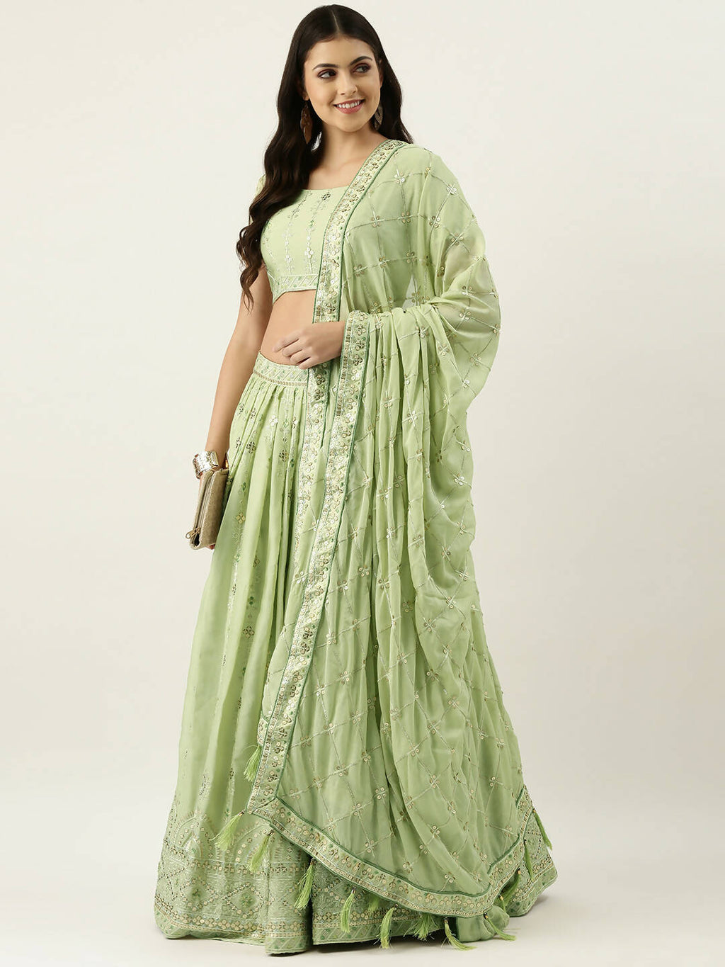 House of Panchhi Pista Green Pure Georgette Embroidered Lehenga & Blouse, Dupatta