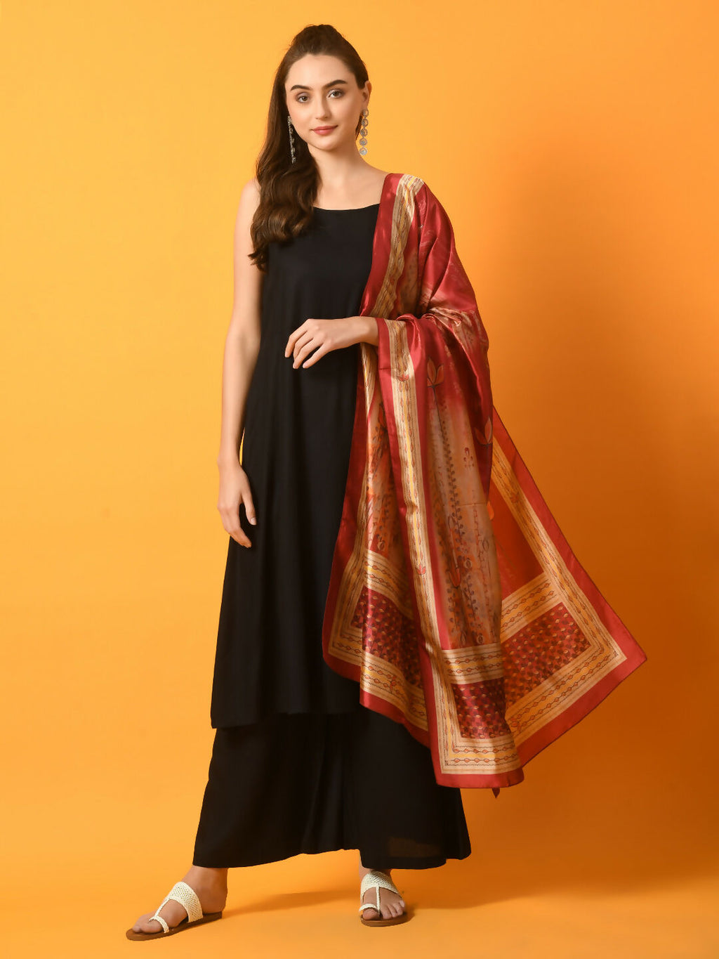 Myshka Women's Black Solid Anarkali Party Kurta Set With Printed Dupatta