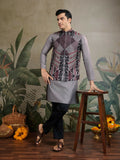 Vastranavya Grey Exclusive Festival Viscose Silk Thread & Swarovski Embroidered Work Mens Wear Kurta & Koti