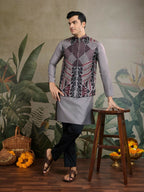Vastranavya Grey Exclusive Festival Viscose Silk Thread & Swarovski Embroidered Work Mens Wear Kurta & Koti