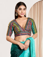 Joban Fashion Rama Green Brocade Padded Blouse With V Neck Elbow Sleeves - Distacart