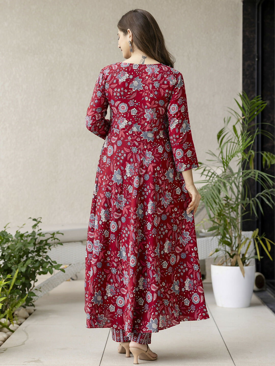 The52 Maroon Women's Gorgeous Rayon Fabric Printed Work Flared Kurta, Pant and Dupatta Set - Distacart