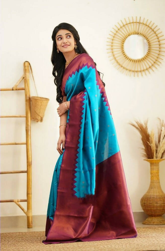 DEIANA'S Beautiful Designer Golden zari Soft Lichi Silk Saree - Firozi