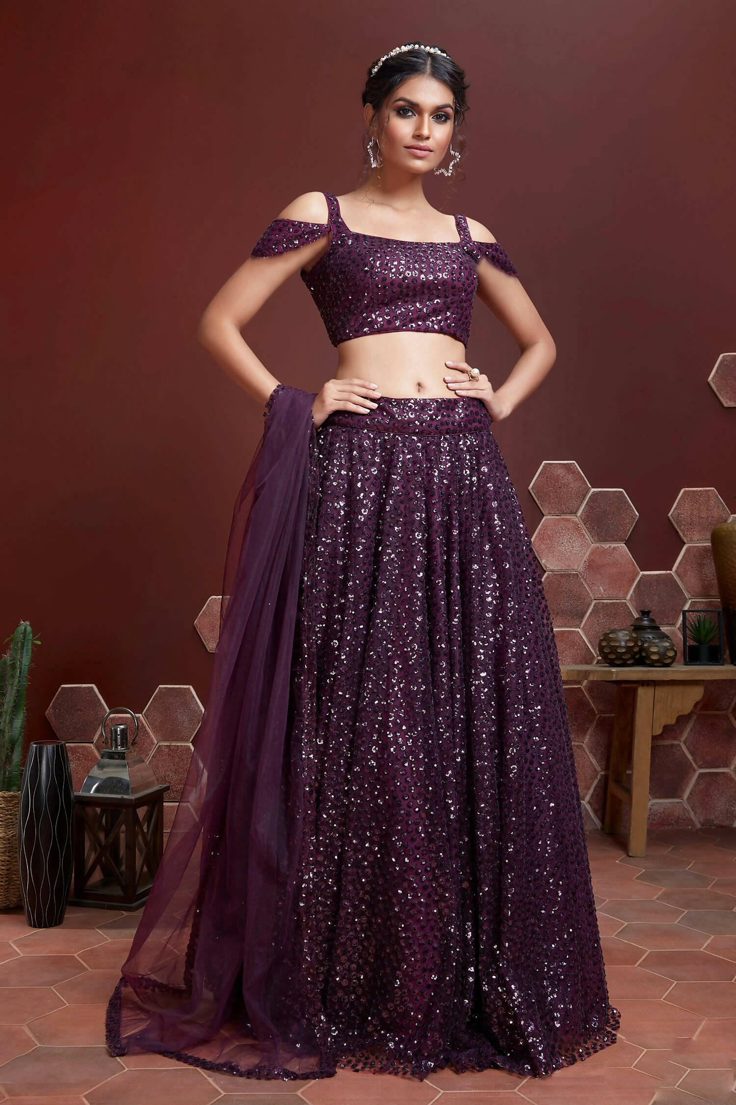Wedding Designer Wine Net Lehenga Choli - Anbazaar - Distacart