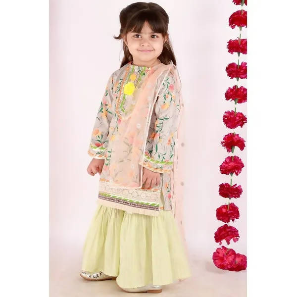 Little Bansi Girls Green Color Floral and lace Work Kurta with Sharara and Dupatta