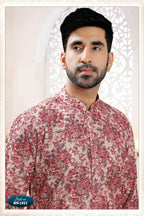 Joban Fashion Men's Pinkish Red Straight Rayon Thread Embroidery All Over Kurta Set